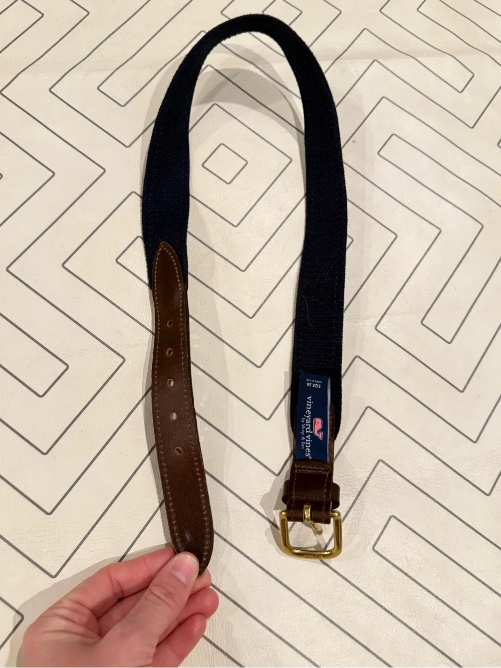 Vineyard Vines Navy Blue & White Whale Belt with Brown Leather Trim